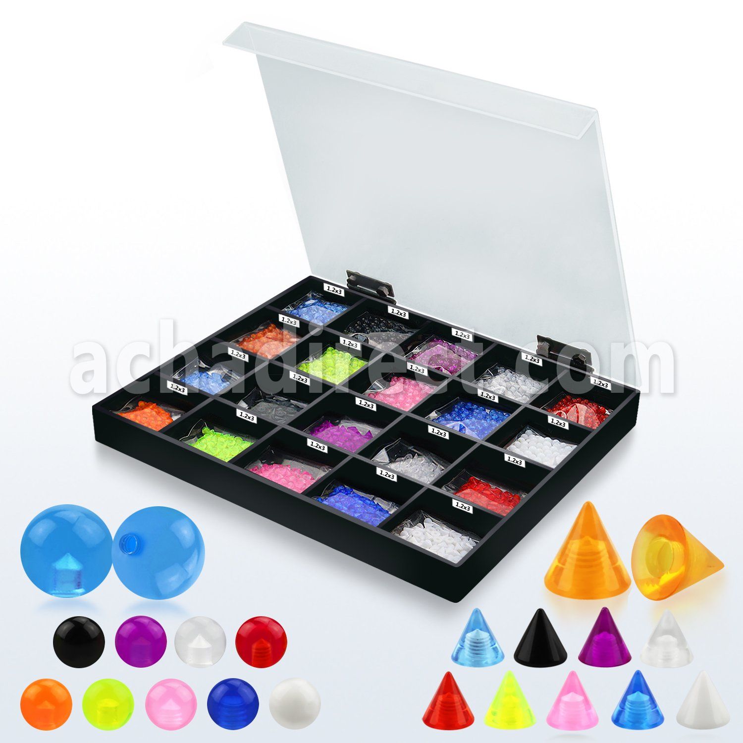 dmbj2 display of 3mm acrylic uv balls cones w threading