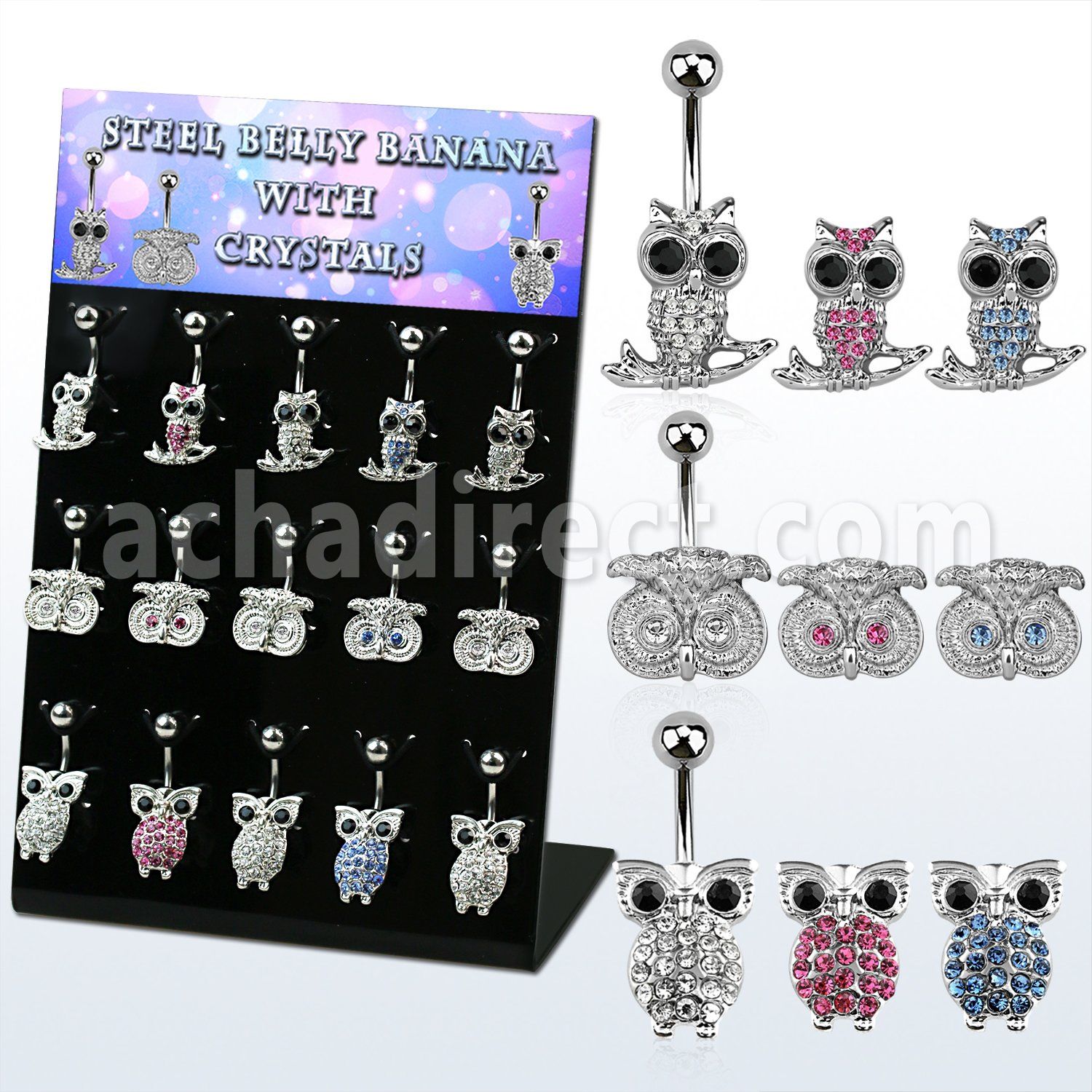 dmix9b display w 316l steel belly bananas w crystal owls