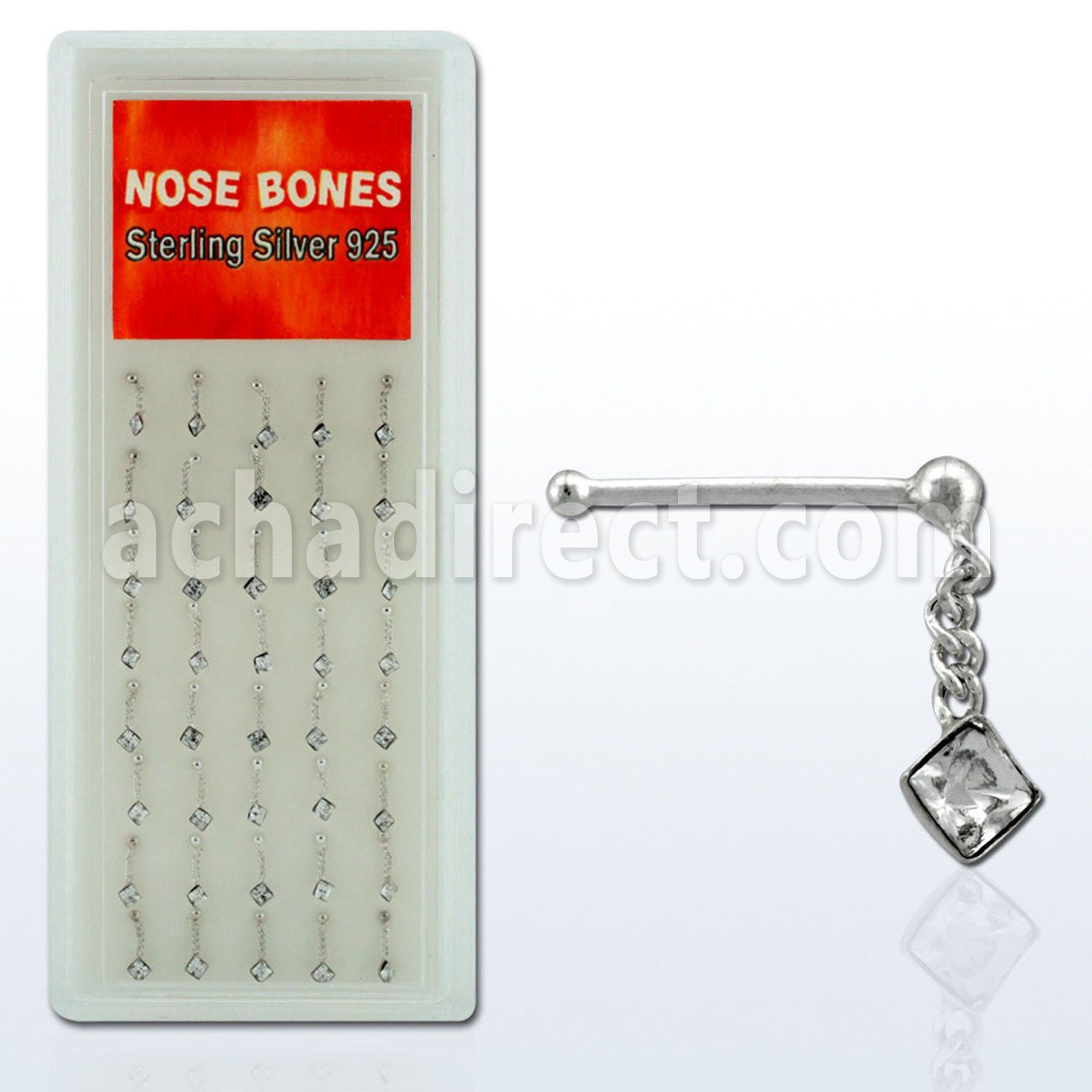 dnbdc3 box of silver nose bones with a dangling square crystal
