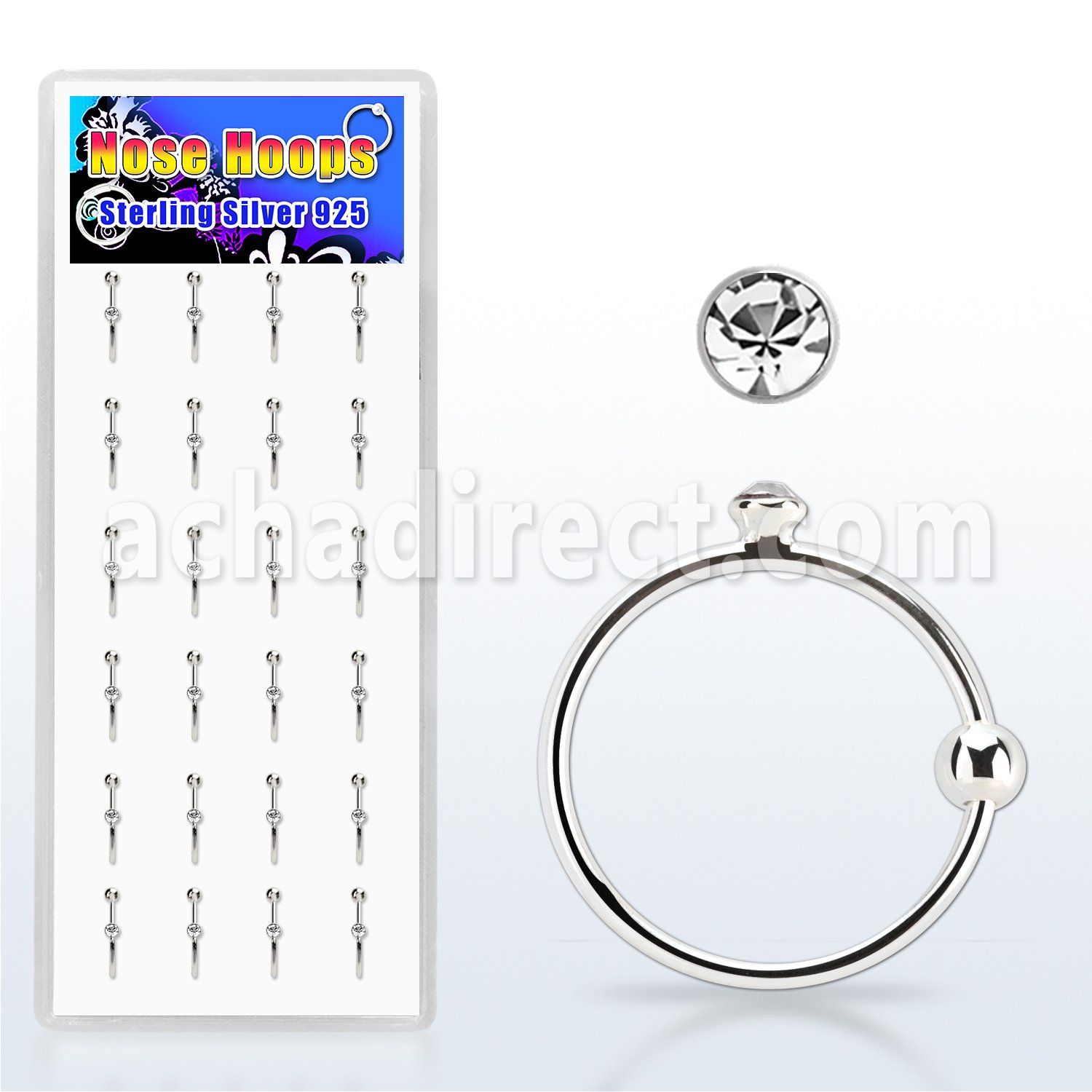 dnsc9 box of silver nose hoops w crystal ball diameter 10mm