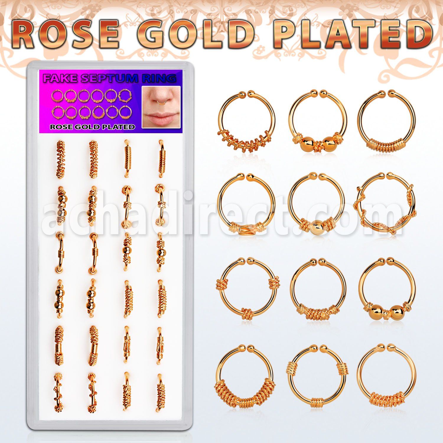 dnsm101 box w silver fake septum rings with rose gold plating 