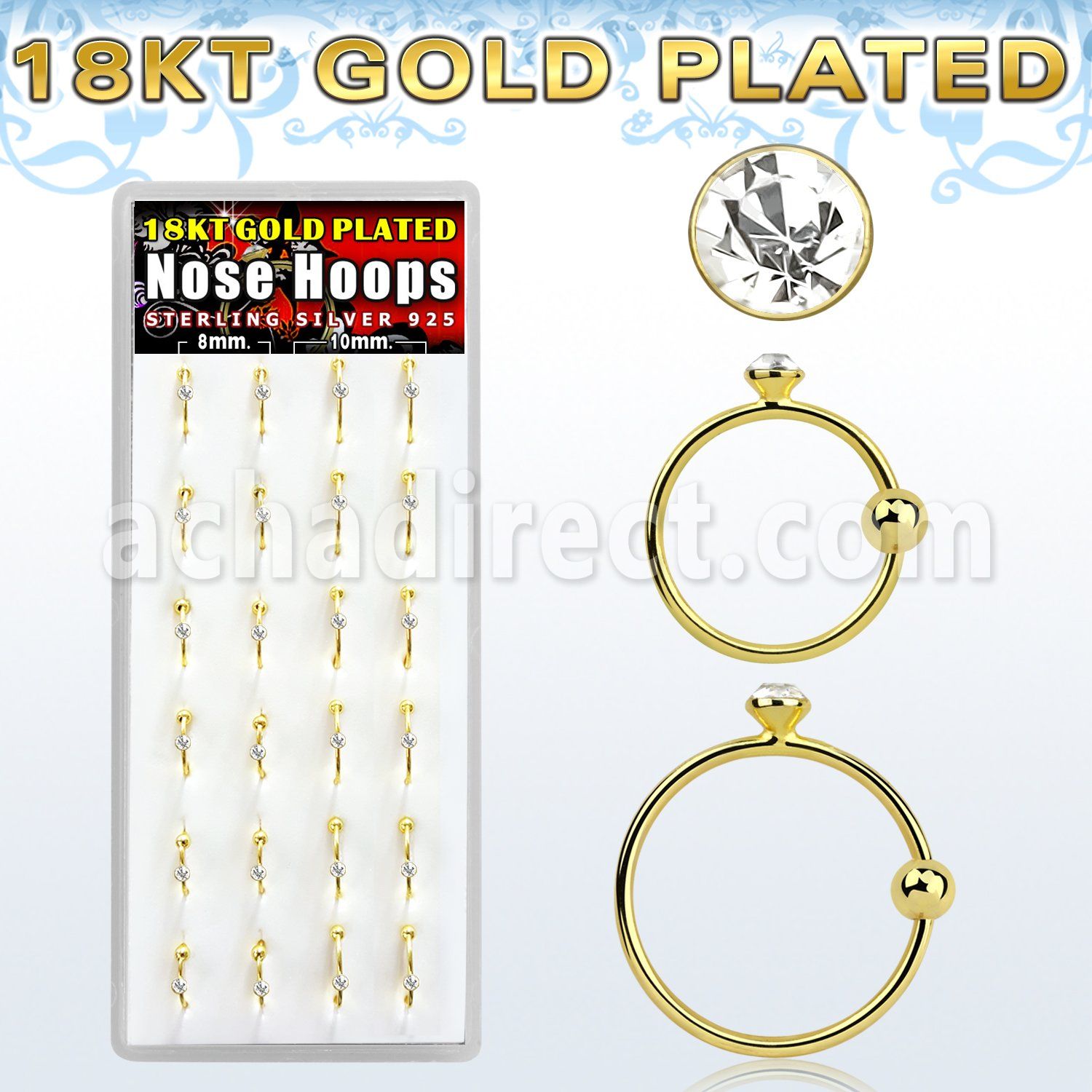 dnsm108 box w gold plated 925 silver nose hoop w 1.5mm crystal