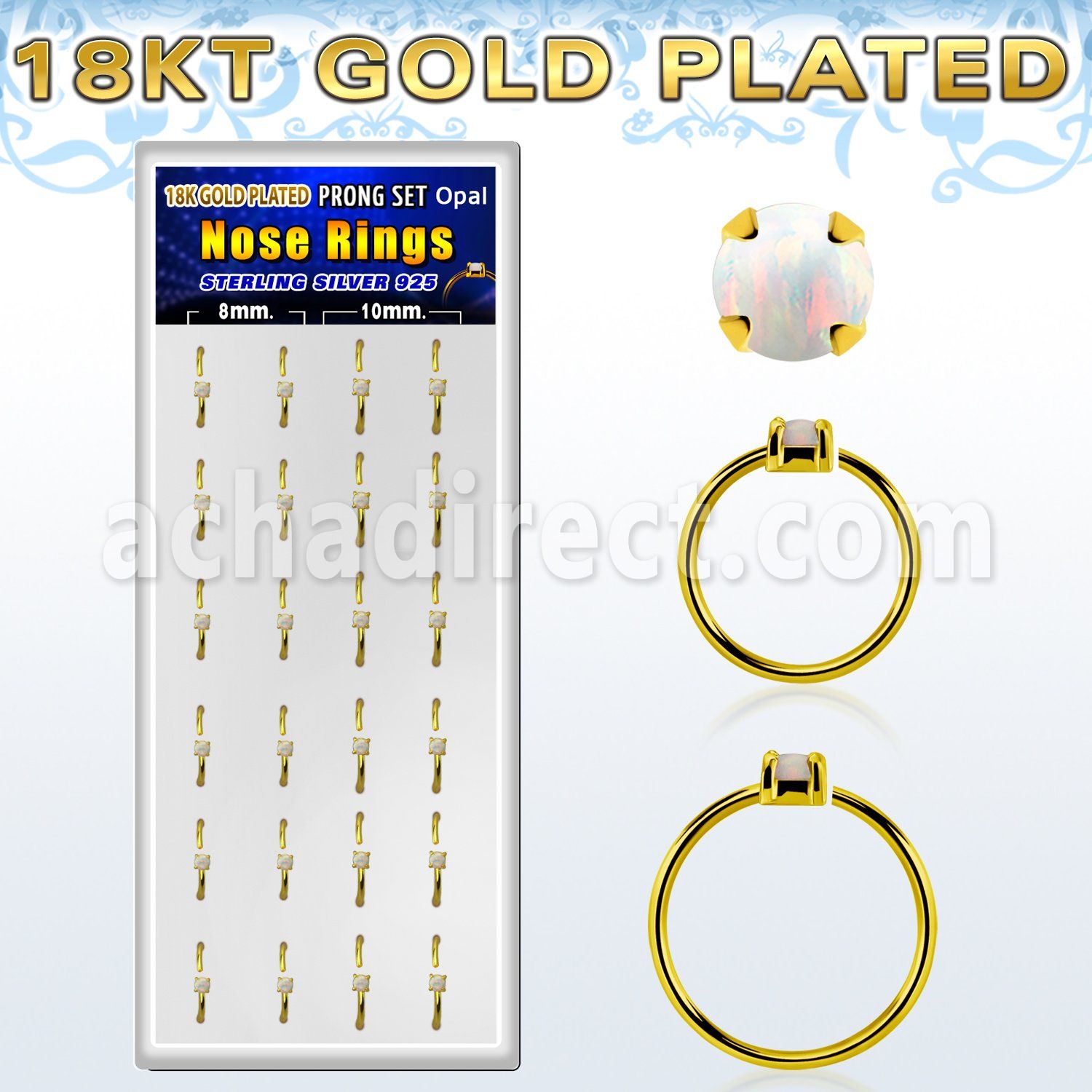 dnsm179 box 18k gold plated silver nose rings w 1.5mm opal top 
