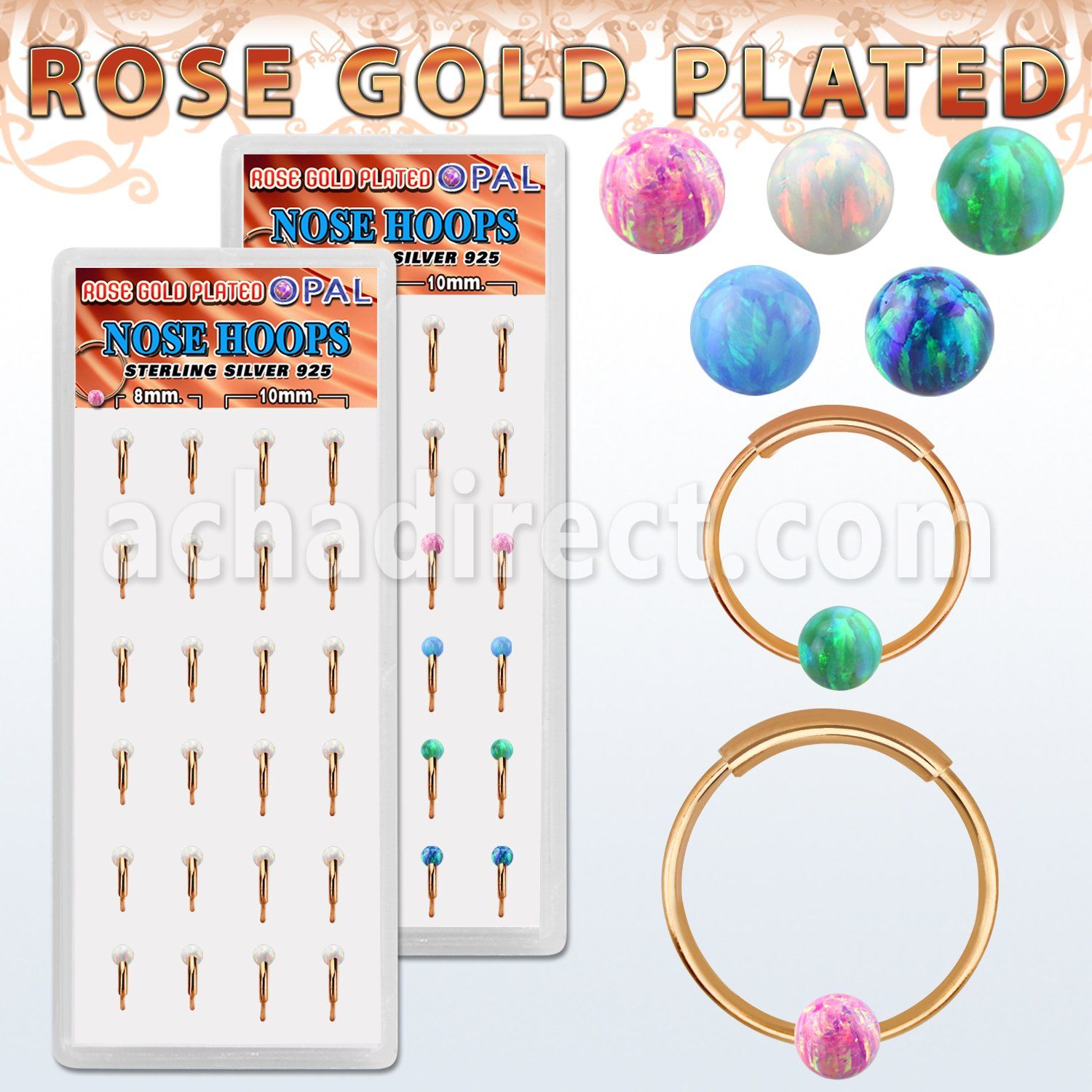dnsm193 box w rose gold silver endless nose hoop w 3mm opal ball