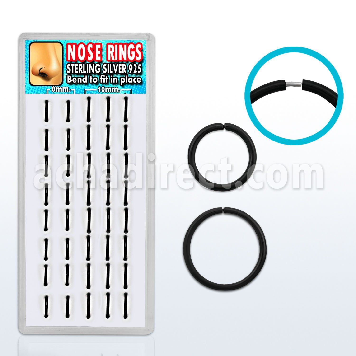 dnsm20 box of black silver seamless nose hoops w diameter 8 10