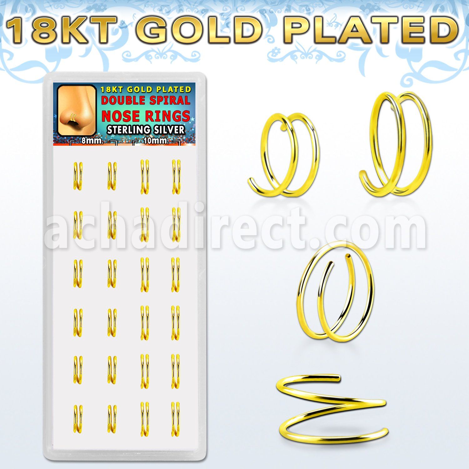 dnsm229 box w 24 pcs. gold plated silver spiral nose ring 22g