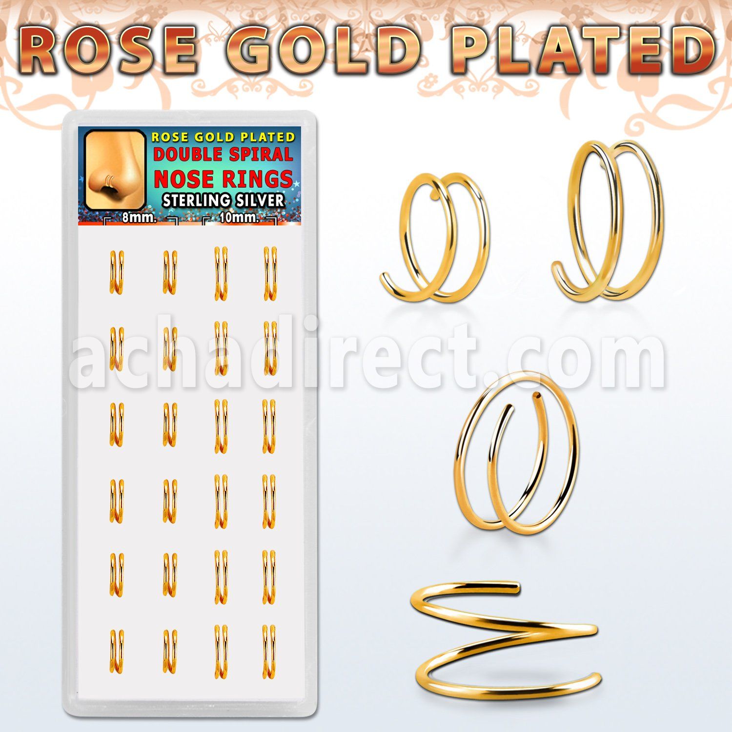 dnsm230 box w 24 rose gold plated silver spiral nose ring 22g