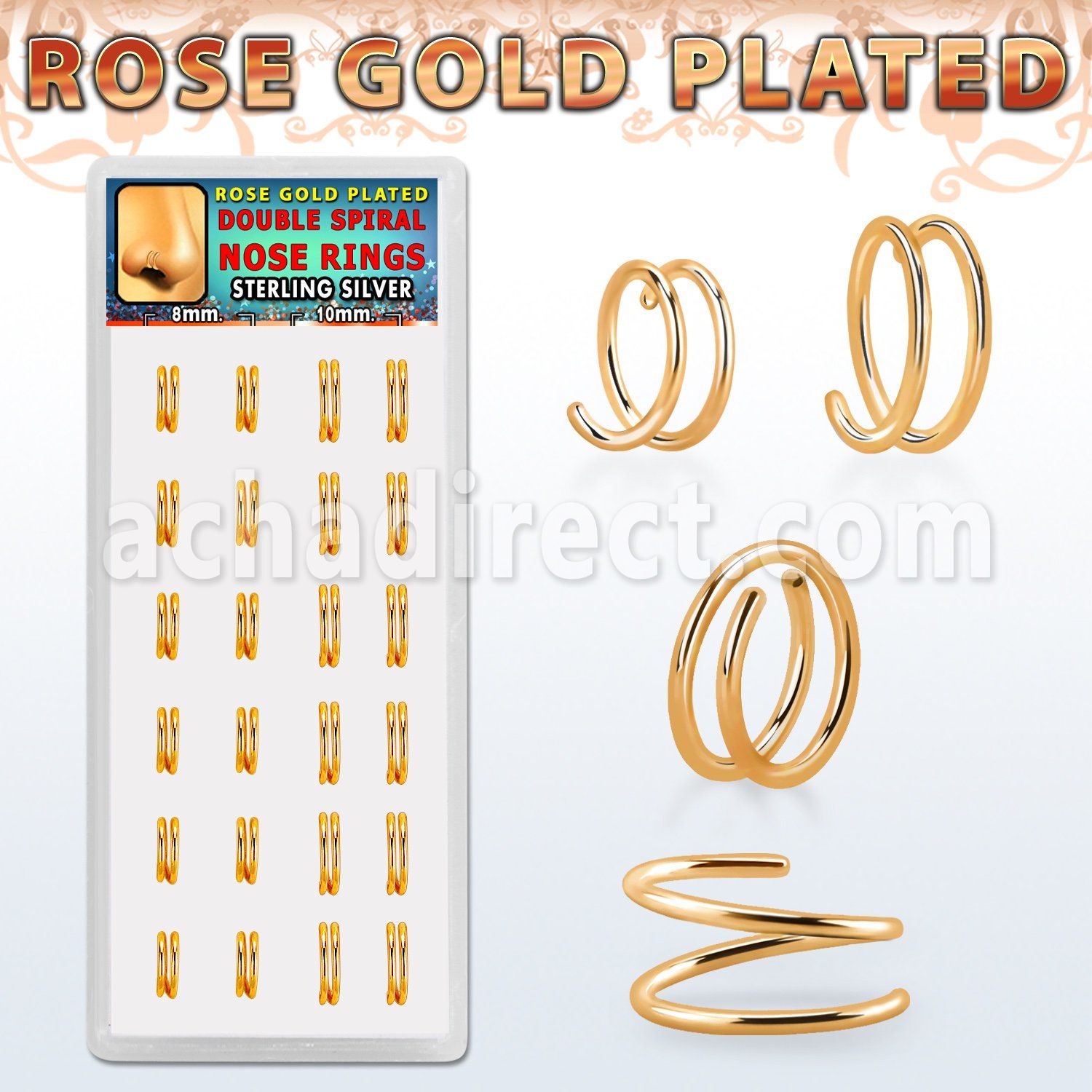 dnsm233 box w silver spiral nose rings, 22g w rose gold plating