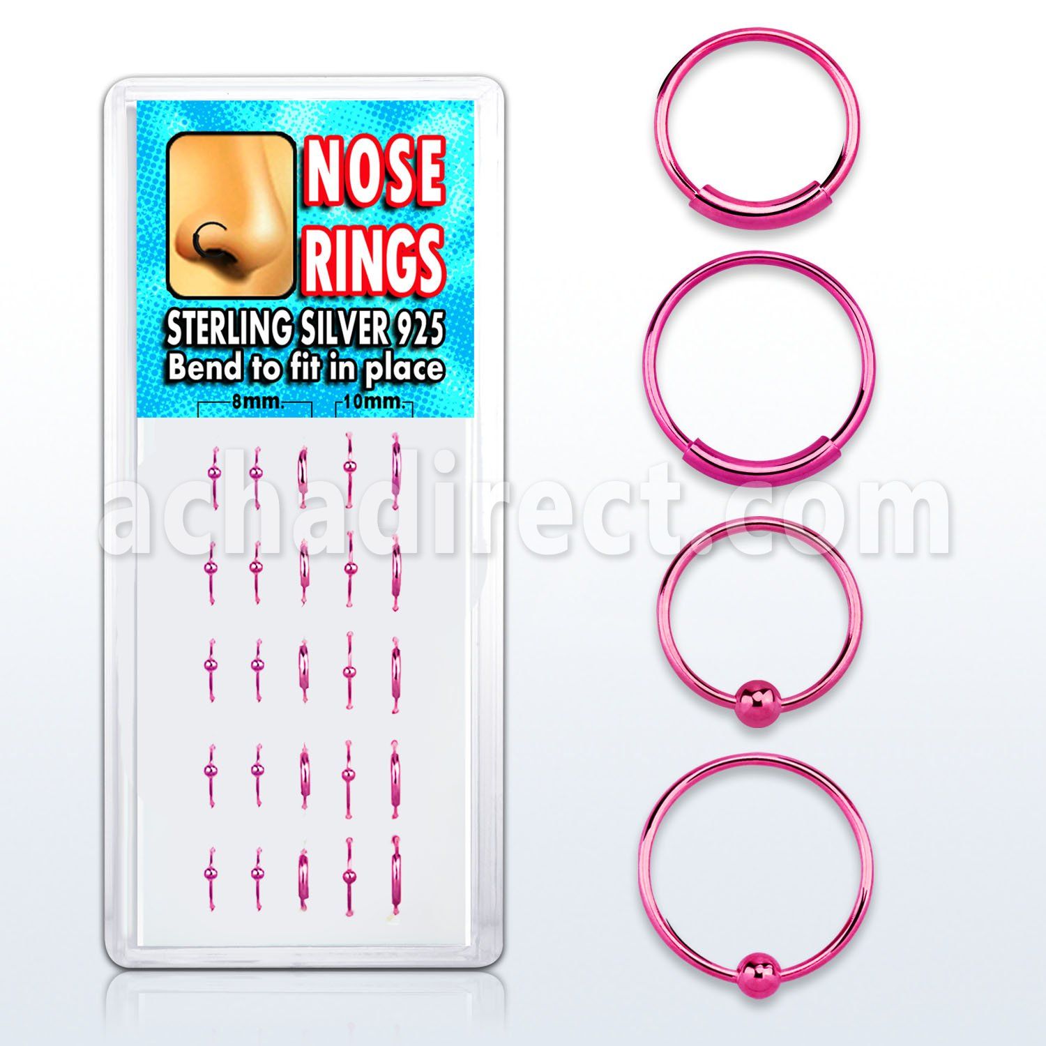 dnsp2 box of pink silver nose hoops with ball endless hoops