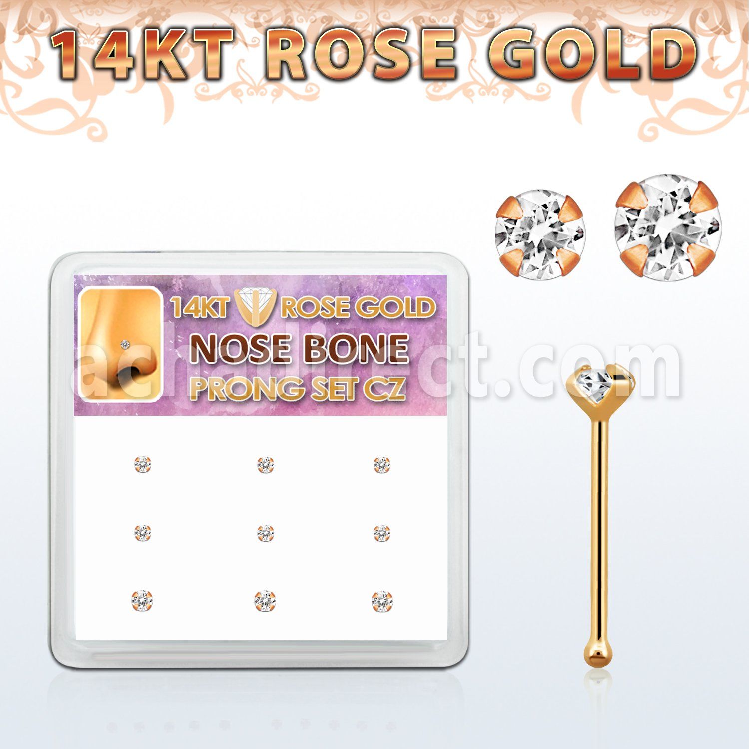 drnb11 box w 9 14kt rose gold nose bones w 1.5mm 2mm czs