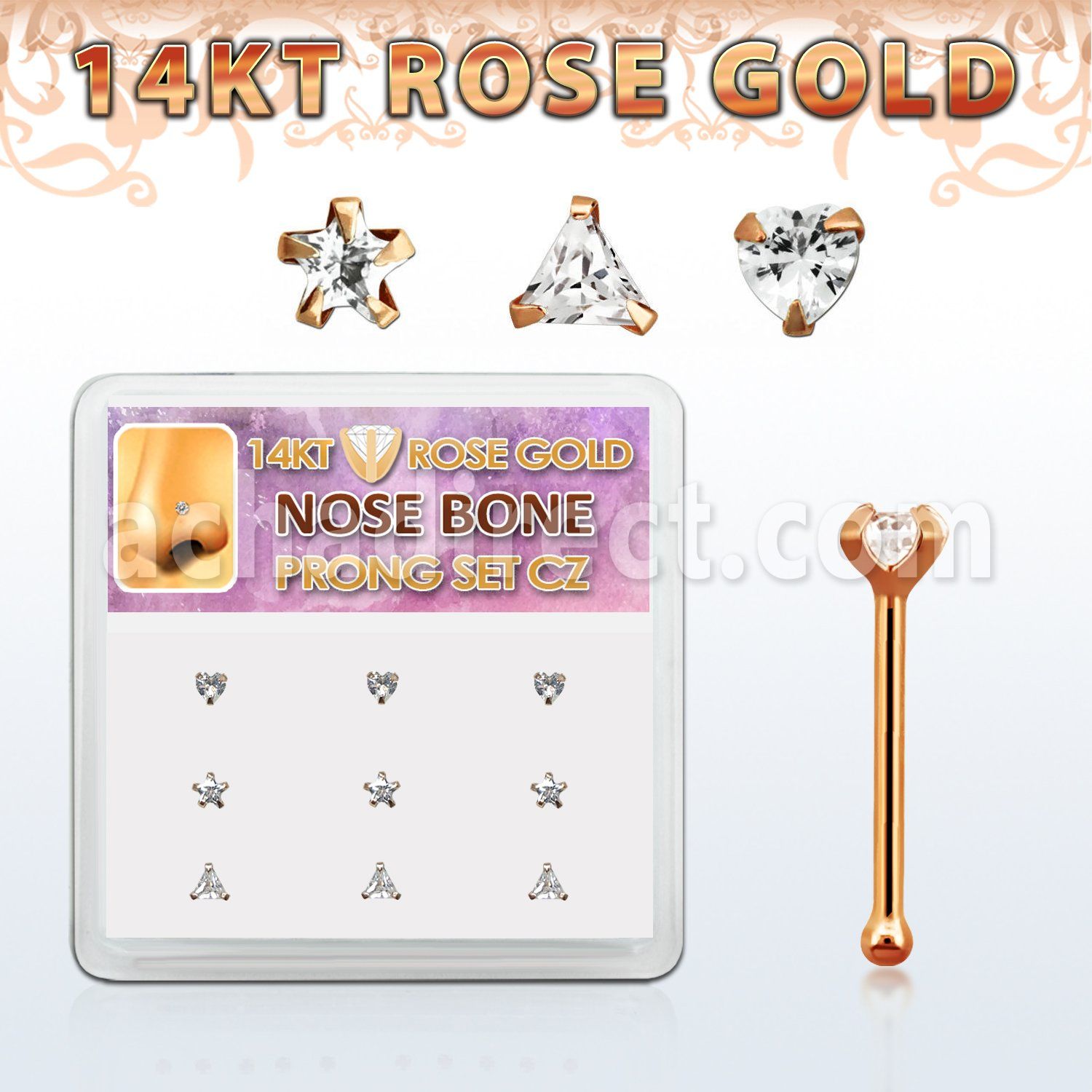 drnb21 box w 14kt rose gold nose bone w cz star triangle heart