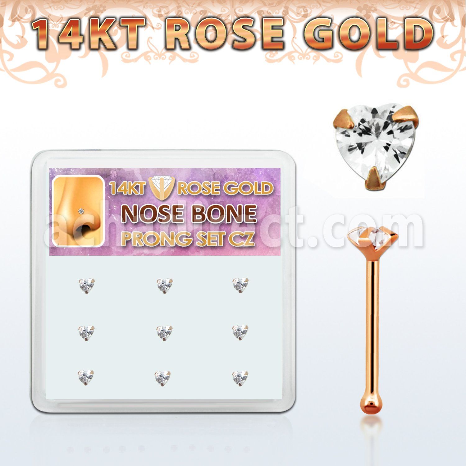 drnb3 box w 9 14kt rose gold nose bones w heart shaped cz