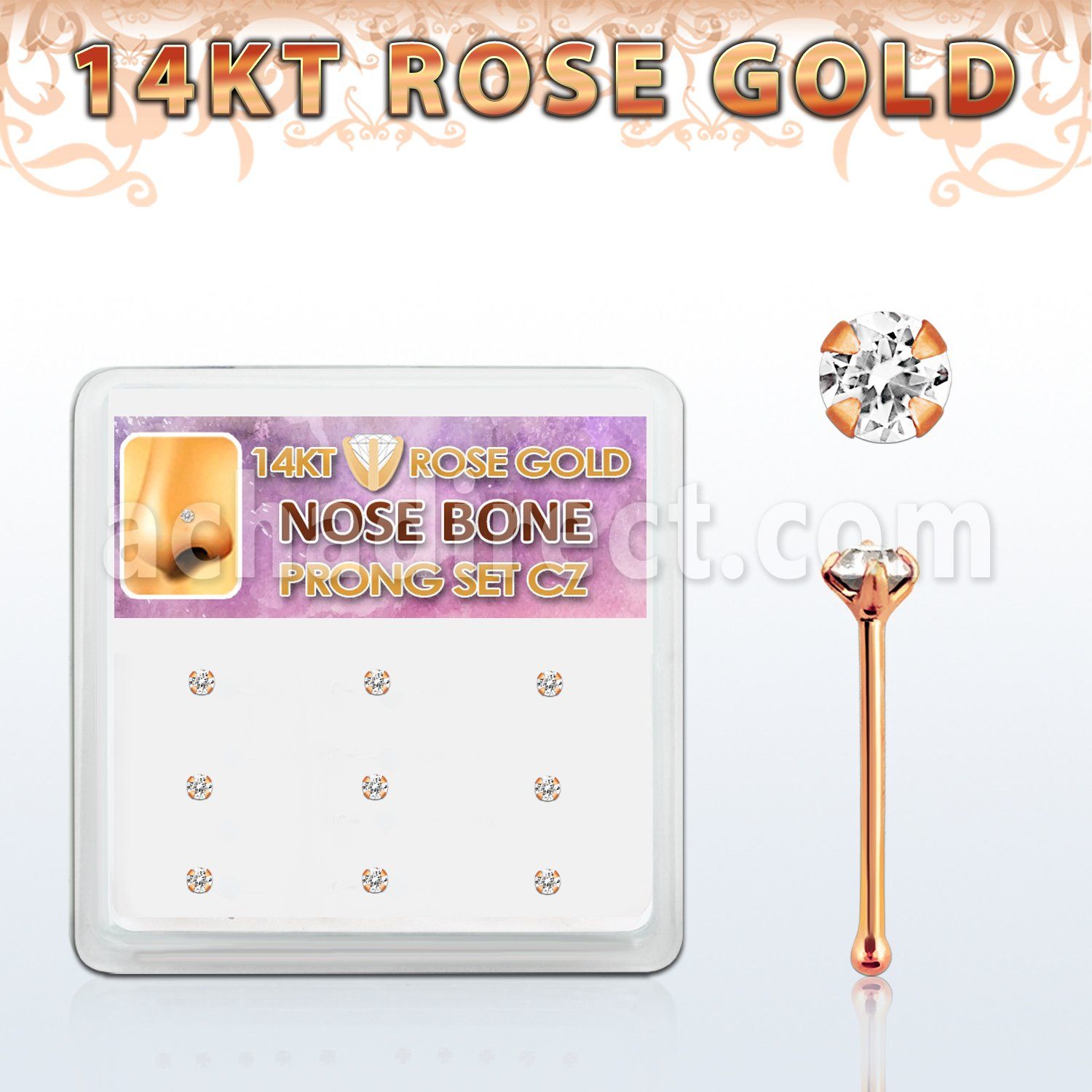 drnb7 box w 9 14kt rose gold nose bones w 1.5mm round cz stone