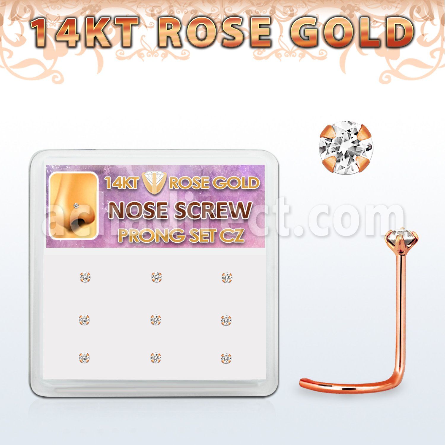 drsc2 box w 9 14kt rose gold nose screws w 1.5mm czs