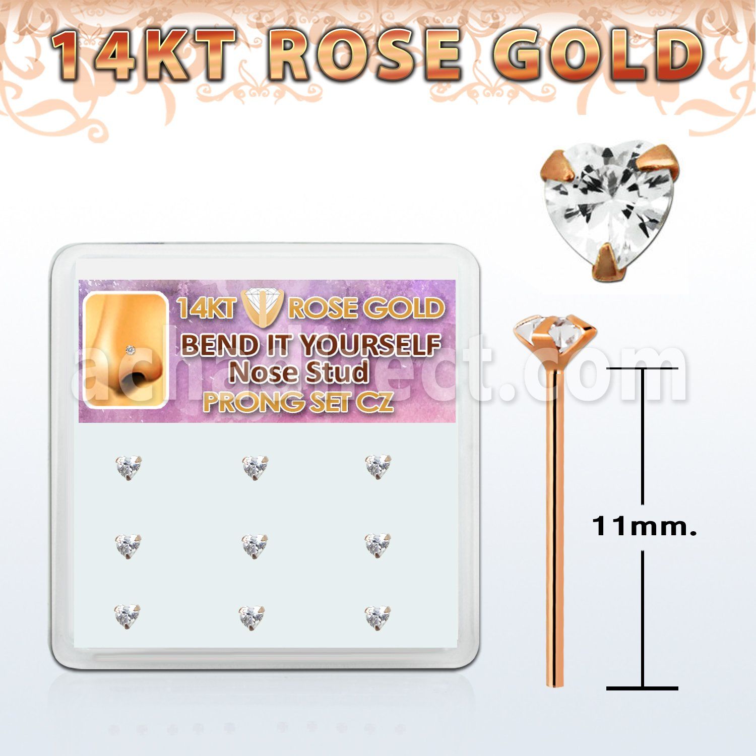 drys22 box 14kt rose gold bend it nose stud w heart shaped czs