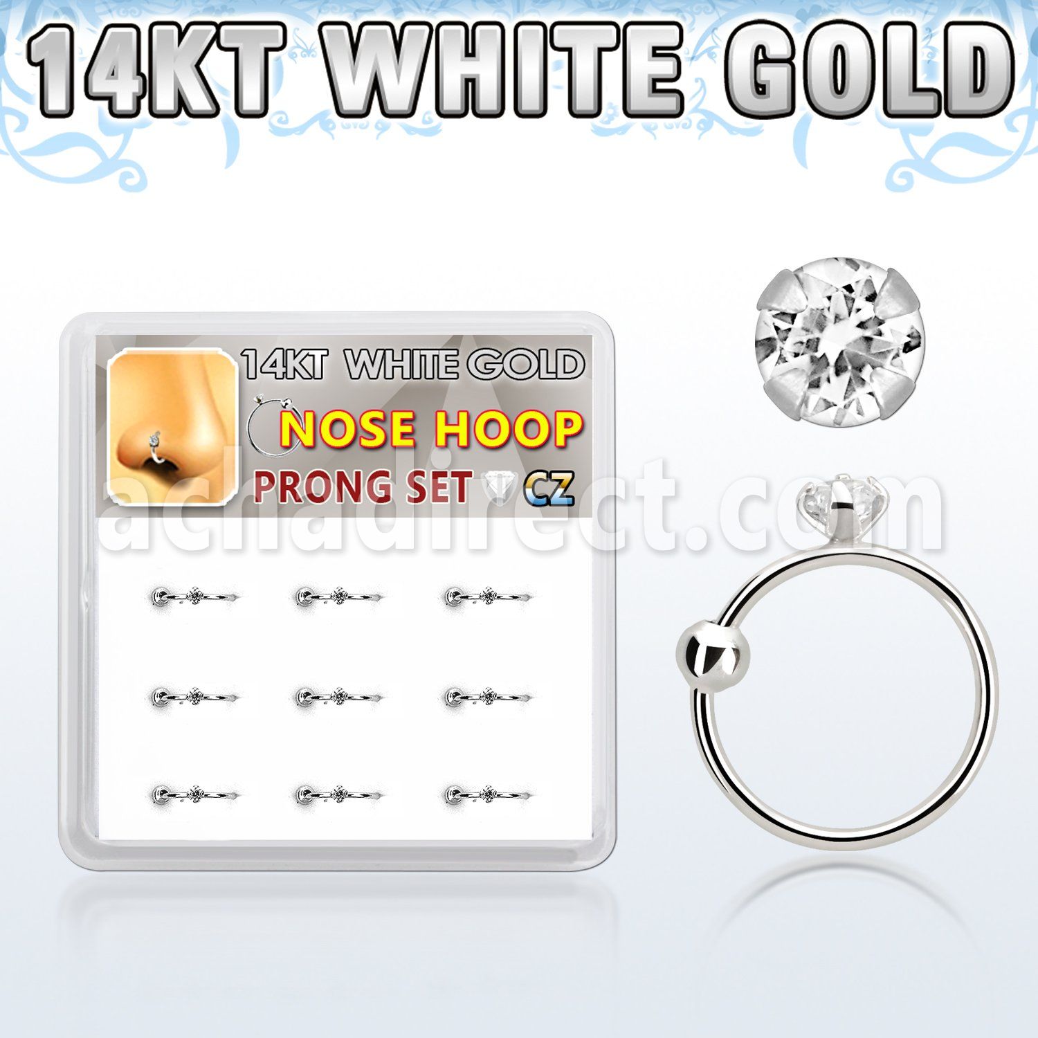 dw14nh5 box w 14kt white gold nose hoop w a 2mm clear cz stone