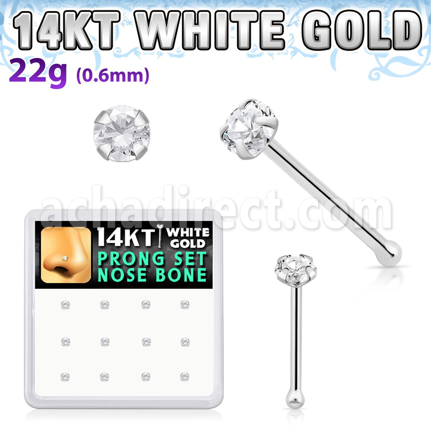 dwnb1 box of 14kt white gold nose bones w 2mm prong set cz
