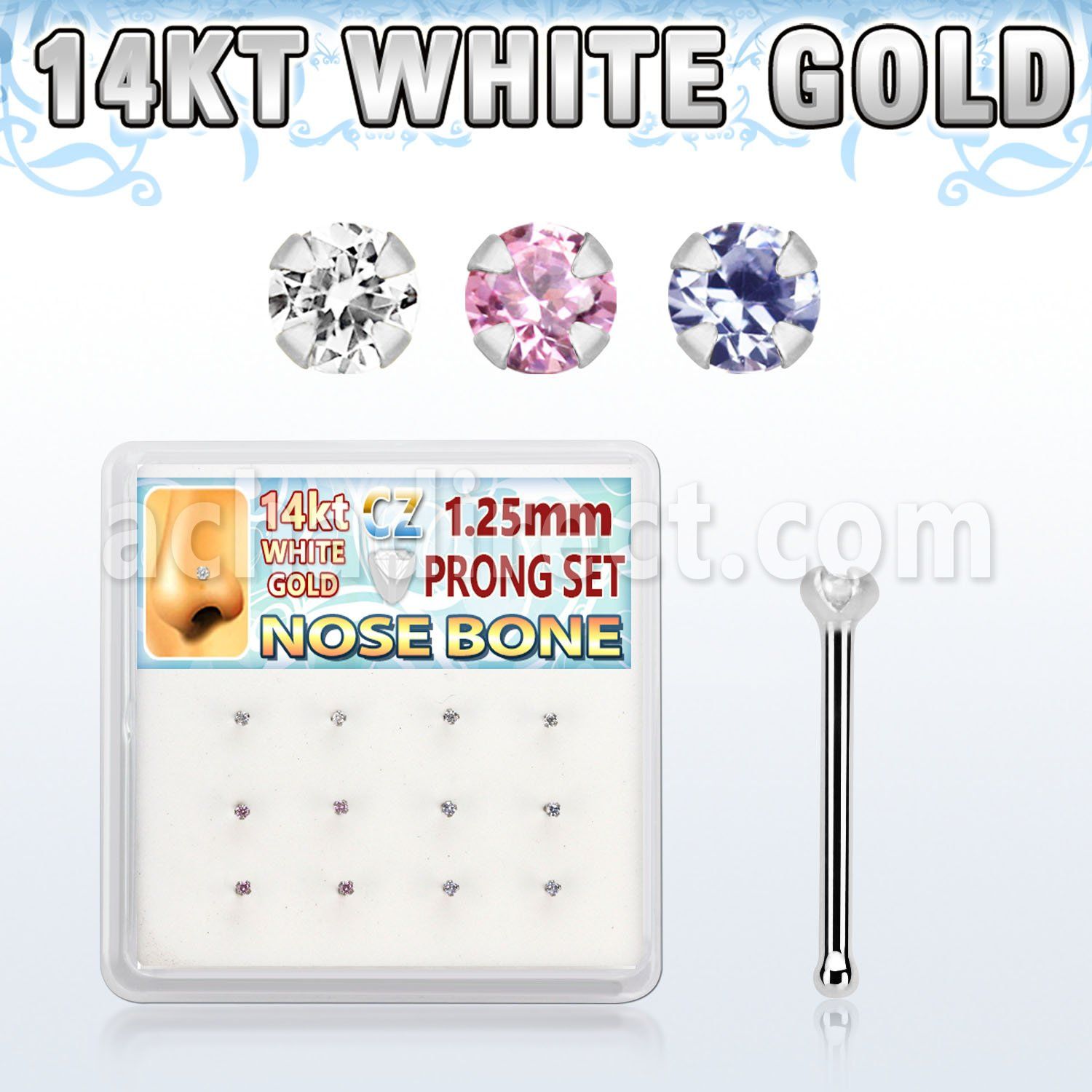 dwnb23 box w 14kt white gold nose bones w 1.25mm round cz 