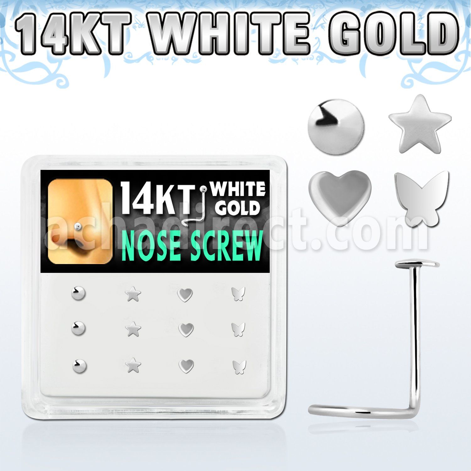 dwsc18 box w 12 pc of 14kt white gold nose screw w assorted top