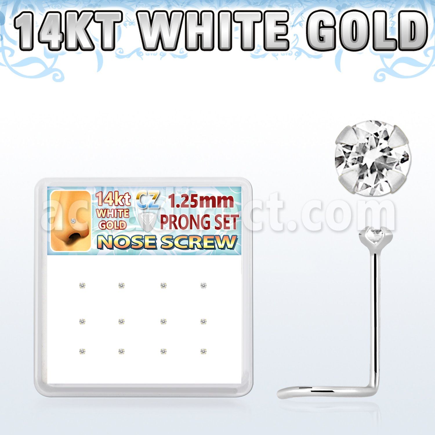 dwsc22 box w 14kt white gold nose screw w 1.2mm clear round cz 