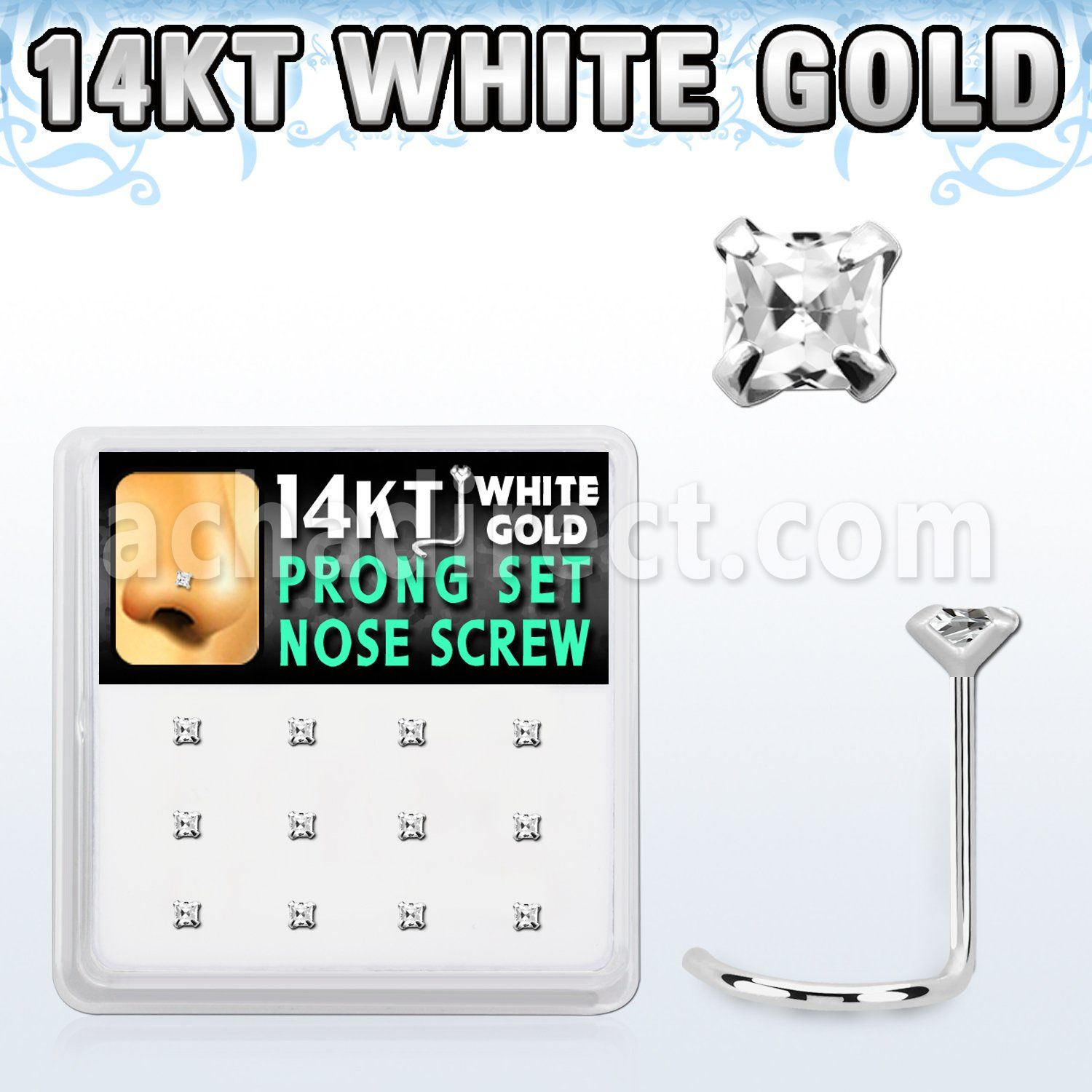 dwsc6 box of 14kt white gold nose screws w square prong set cz