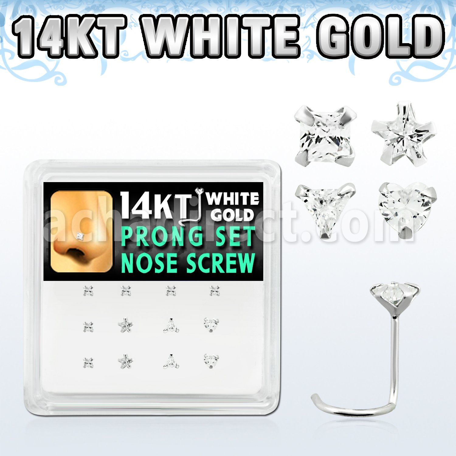 dwsc7 box of 14kt white gold nose screws w shaped prong cz