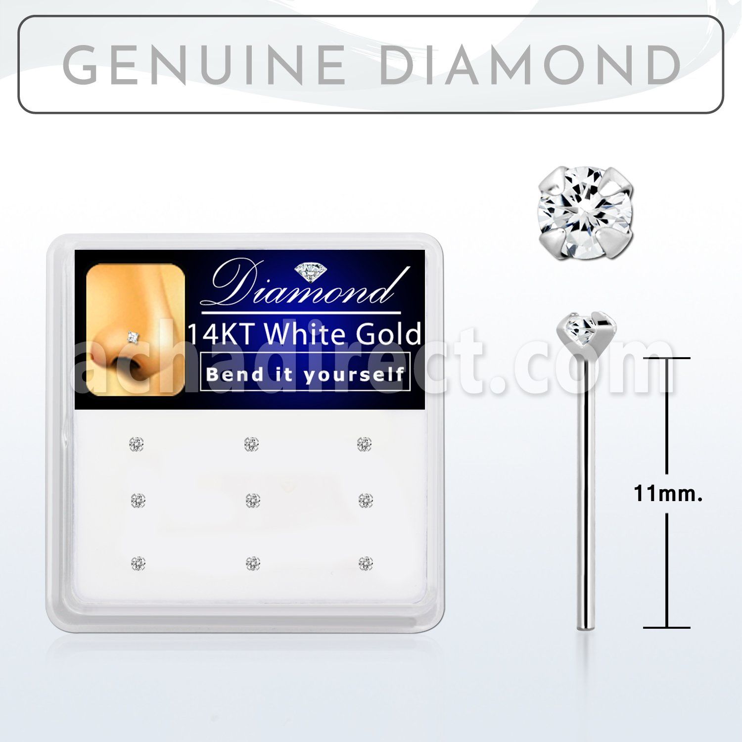 dwys15 box w 14kt white gold bend it nose stud w 1.5mm diamond