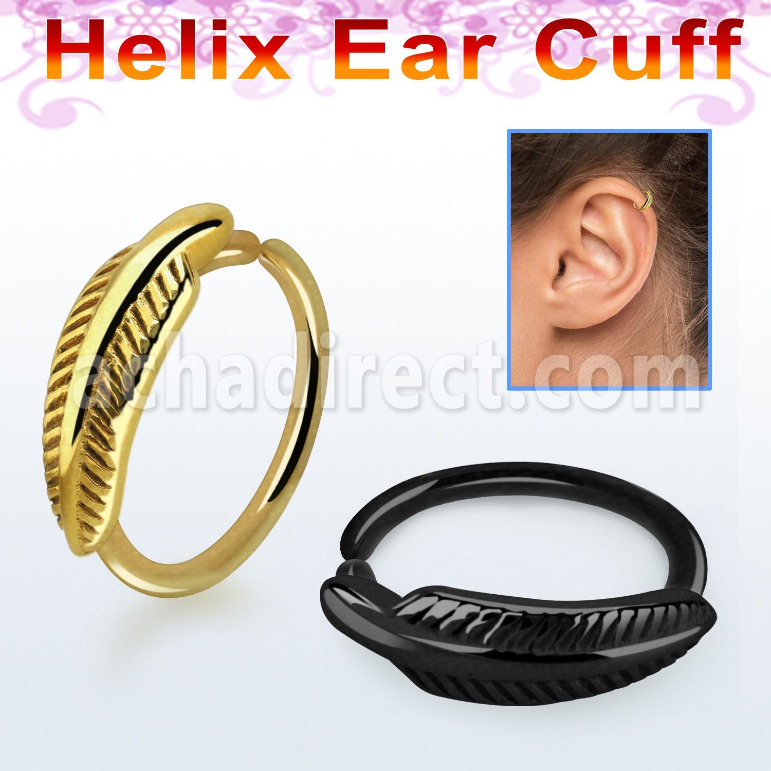 echtfe anodized steel helix ear cuff w a feather on the top