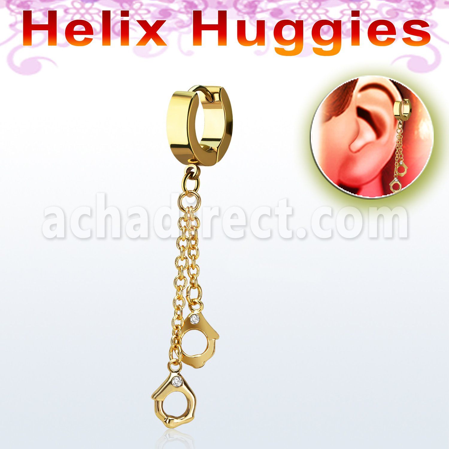 ehg652 gold steel helix huggie w dangling anodized handcuffs