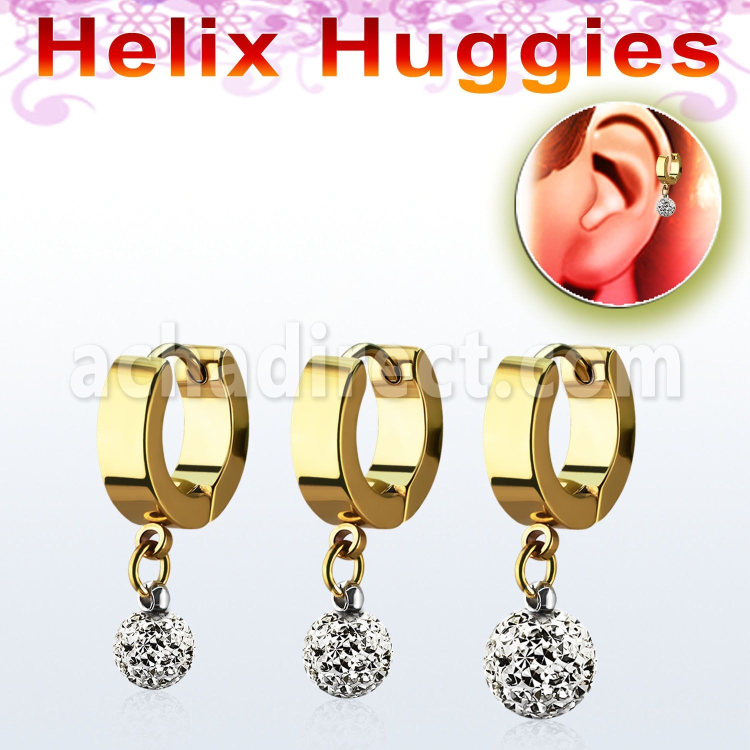 ehgfr gold steel helix huggie w dangling multi crystals ball
