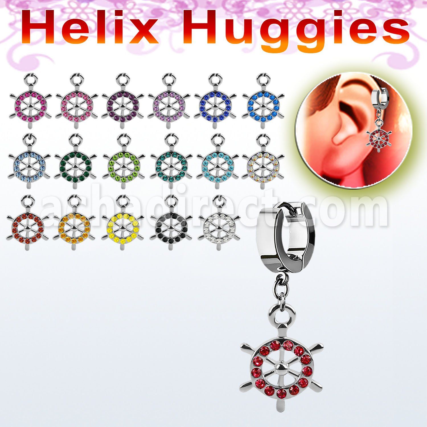 ehh633 helix huggie w a crystal studded ship wheel design