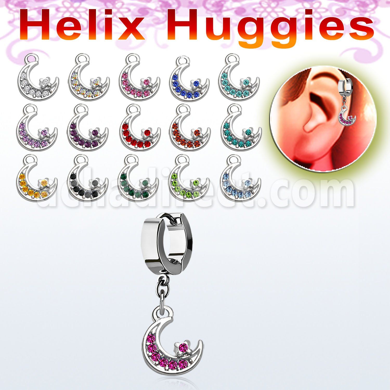 ehh734 helix huggie w a dangling moon with crystals