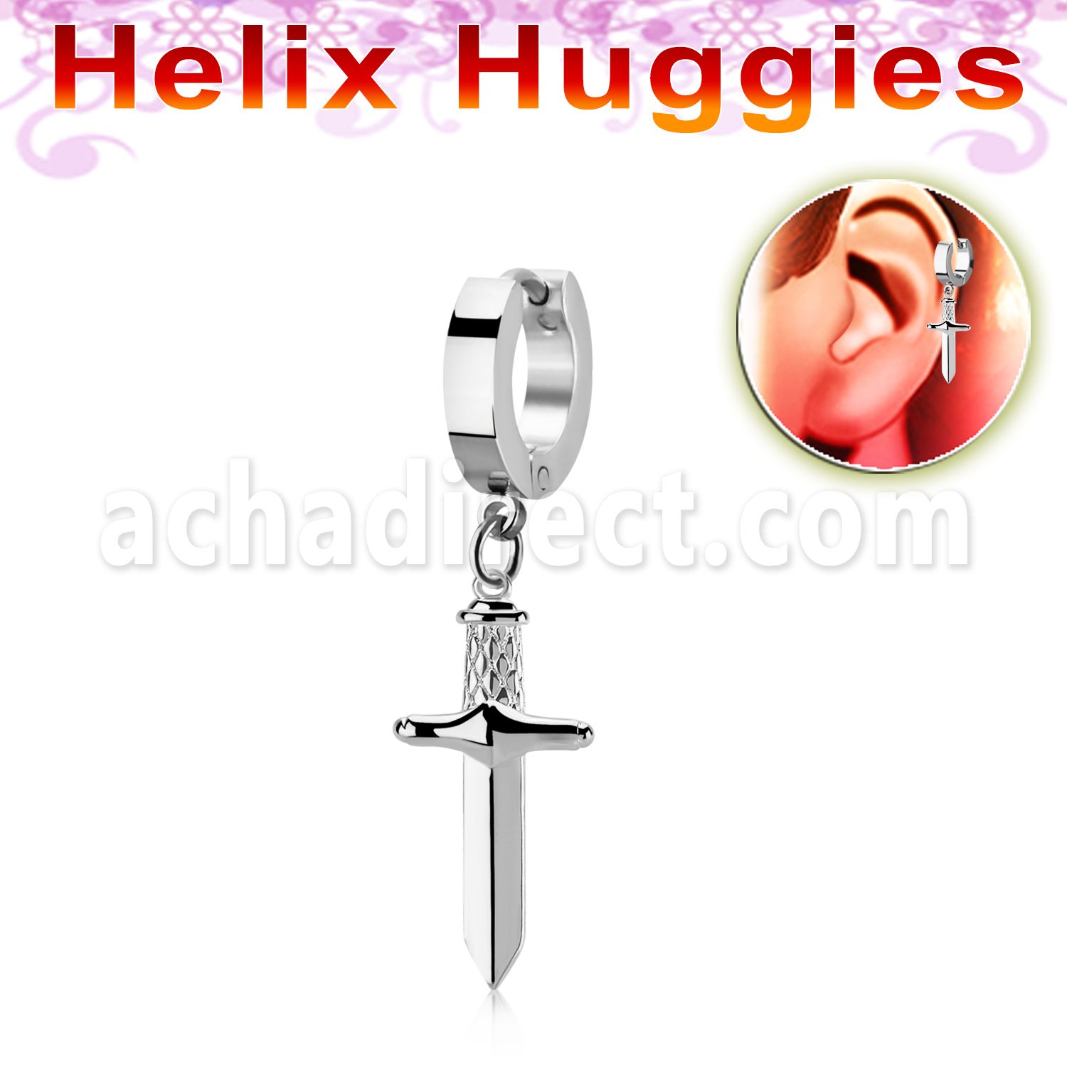 ehh768 high polished stainless steel huggie w a dangling dagger