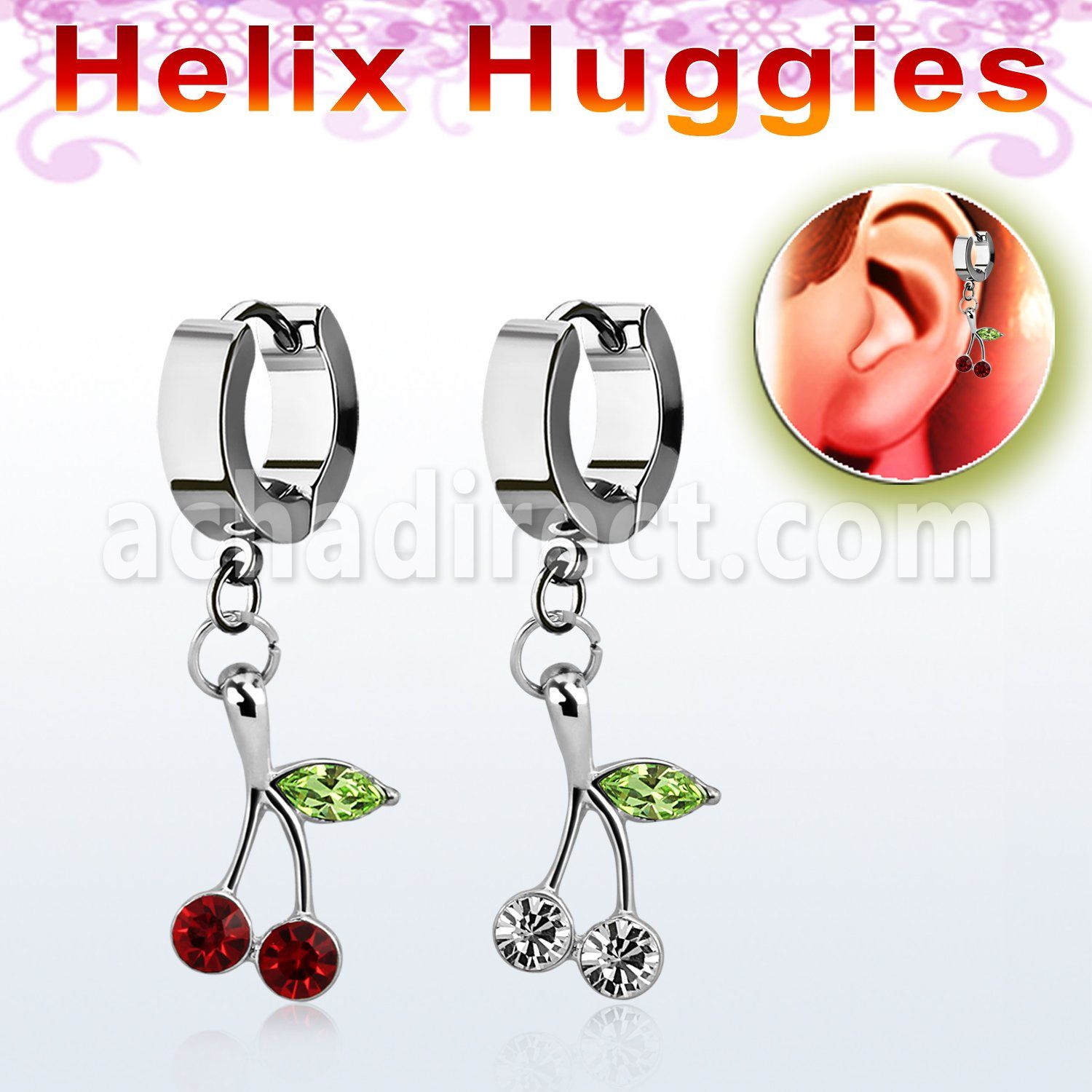 ehhch10 helix huggie w a dangling tiny crystal cherry design