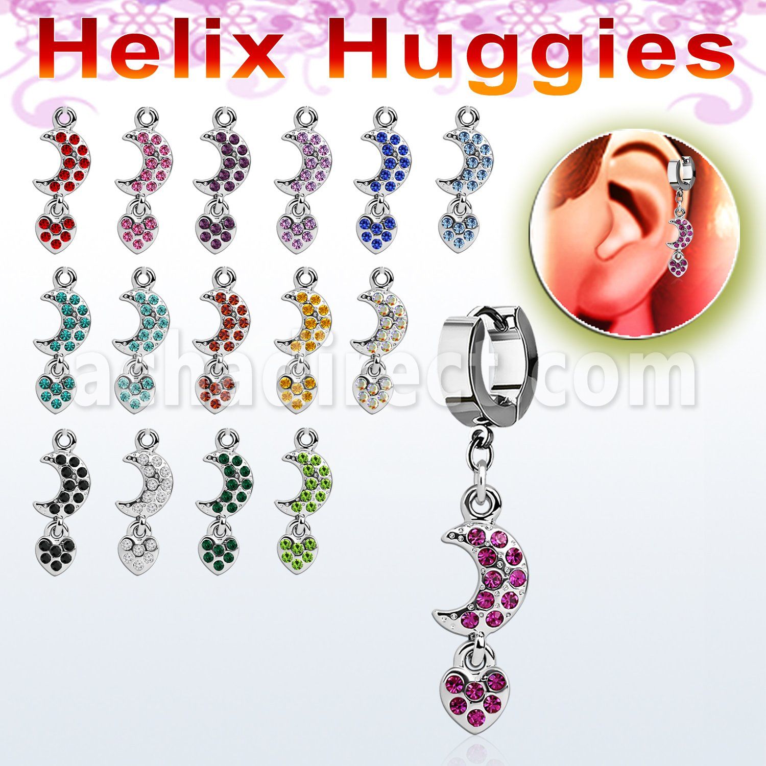 ehhmh helix huggie w a dangling moon with heart