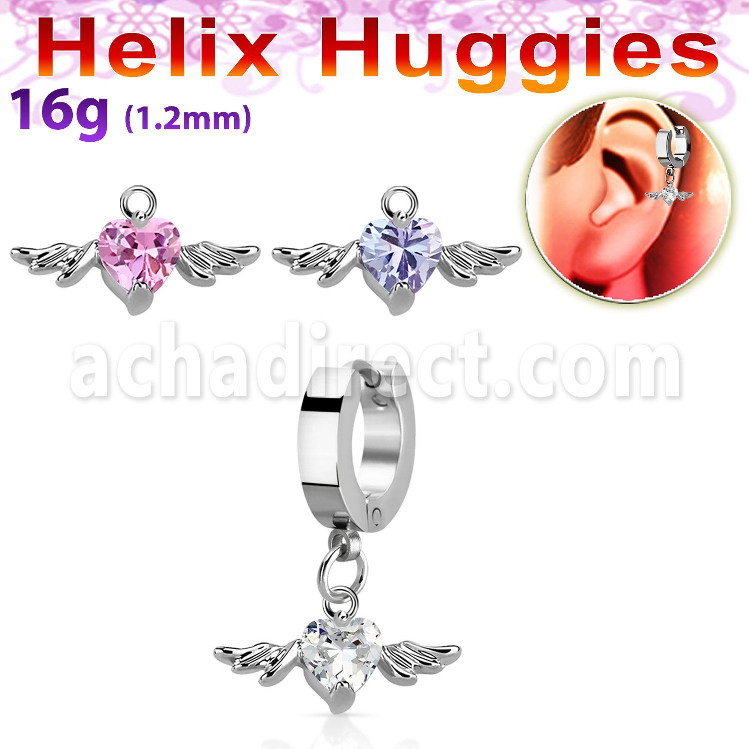 ehhz367 helix huggie w a dangling heart shaped cz w wings