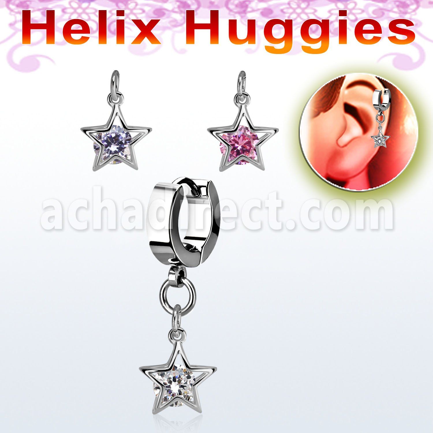 ehhz414 steel helix huggie earring w a dangling star w round cz