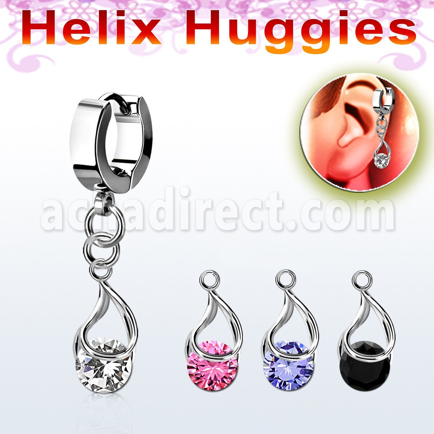 ehhz416 stainless steel helix huggie w dangling snap fit cz