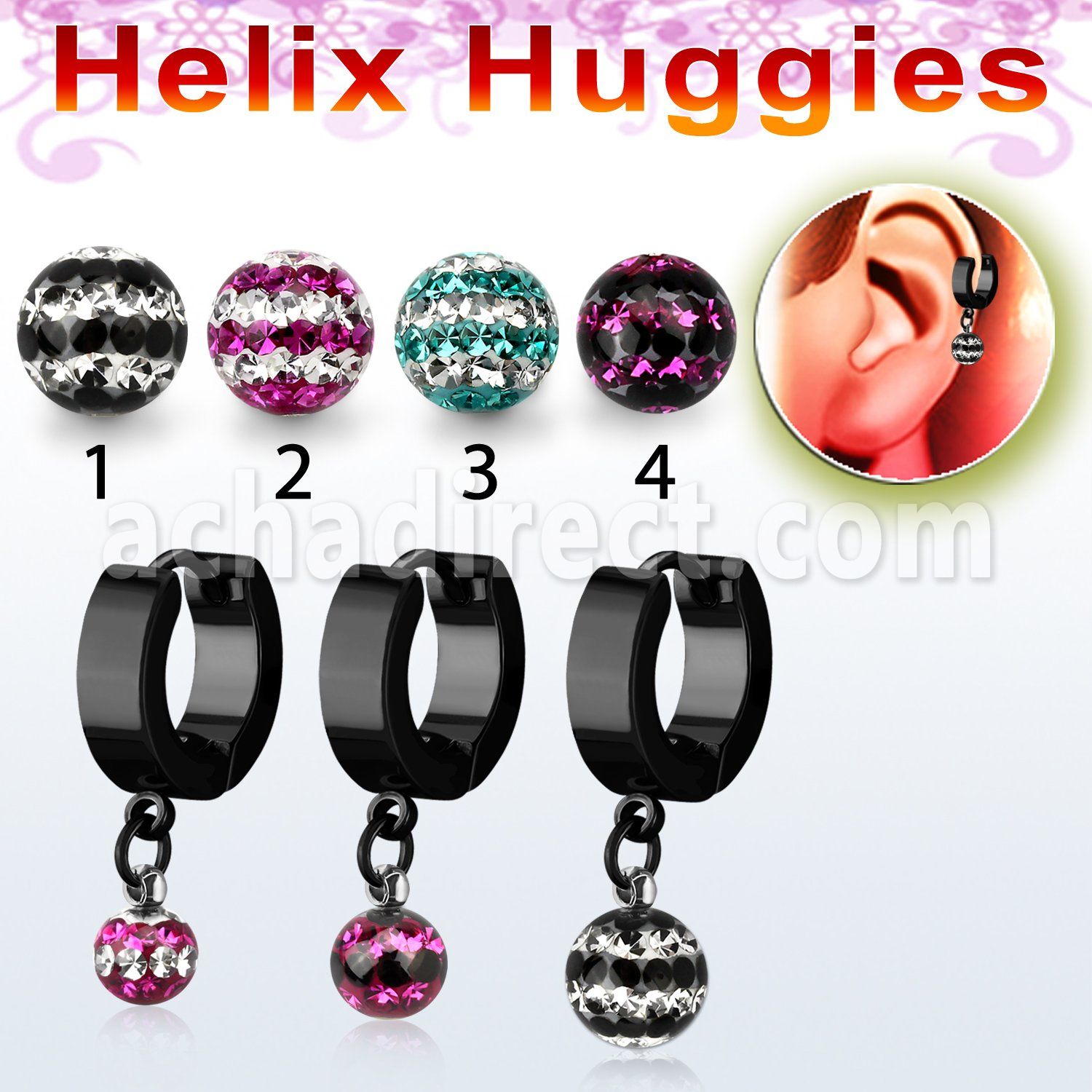 ehkfrd black steel helix huggie w triple line multi crystal ball