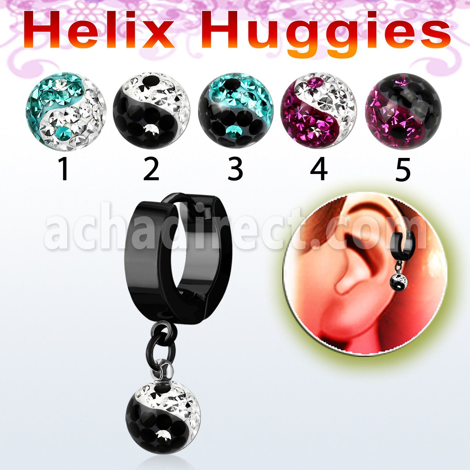 ehkfry8 black steel helix huggie w multi crystal ying yang ball