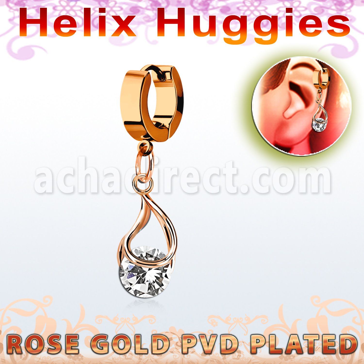 ehrz416 rose gold steel helix huggie w dangling snap fit cz 