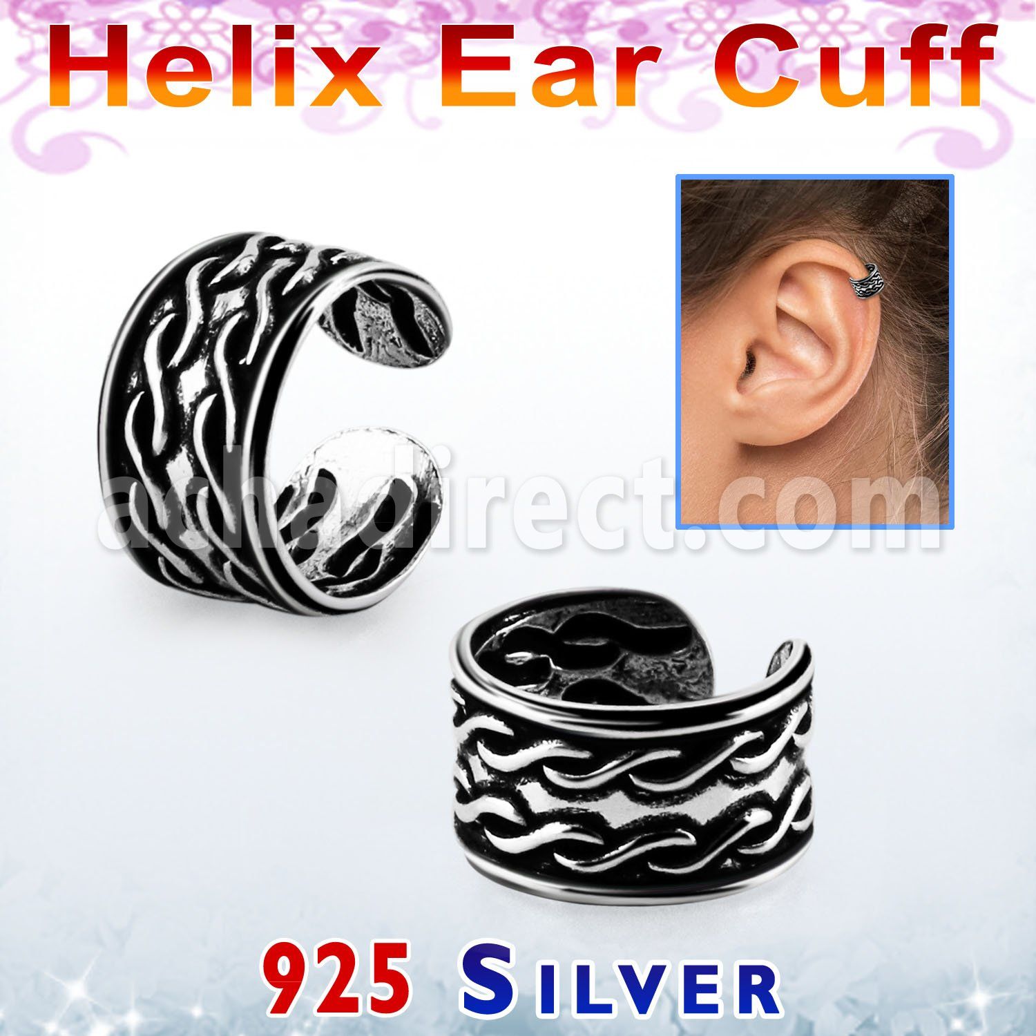 ehvcf12 sterling silver helix ear cuff with double chain pattern