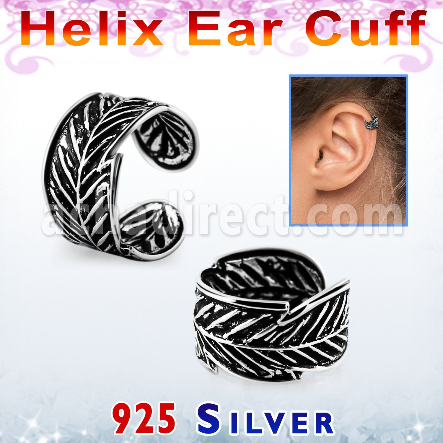 ehvcf14 sterling silver helix ear cuff with leaf design