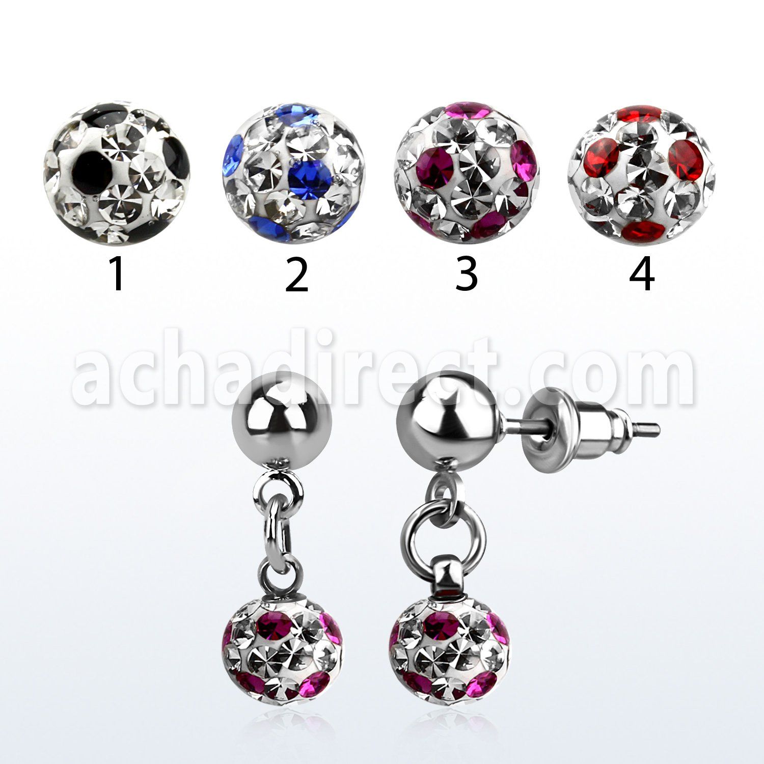 er263a 316l steel ear stud with dangling ferido dotted ball