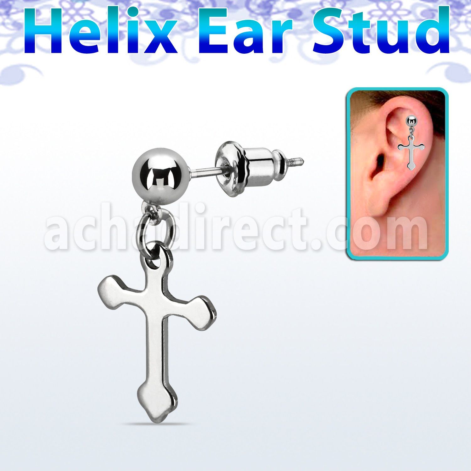 erbd14 steel ear stud w a dangling steel cross (sold per pcs)