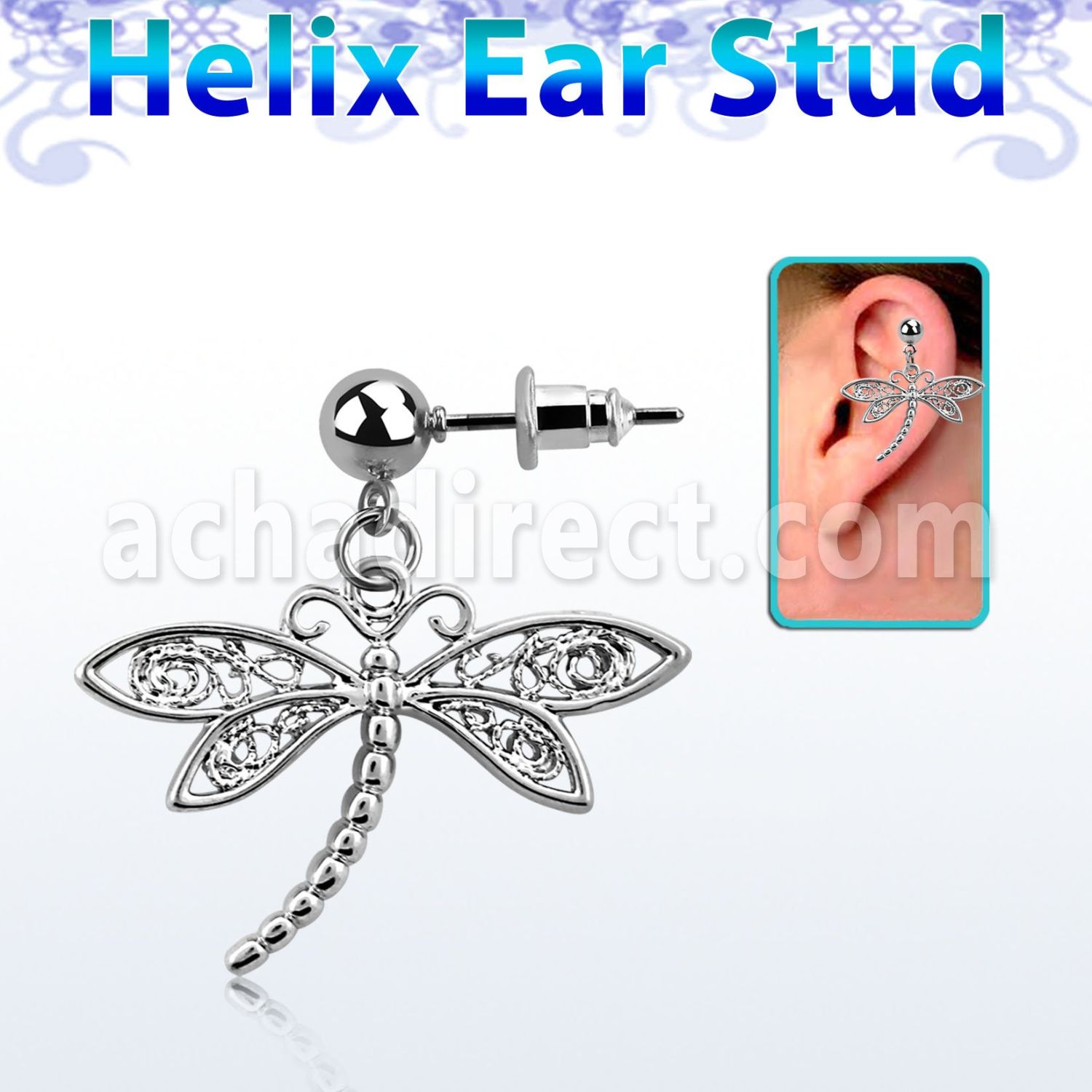 erbd566 316l steel helix ear stud ball with dangling dragonfly