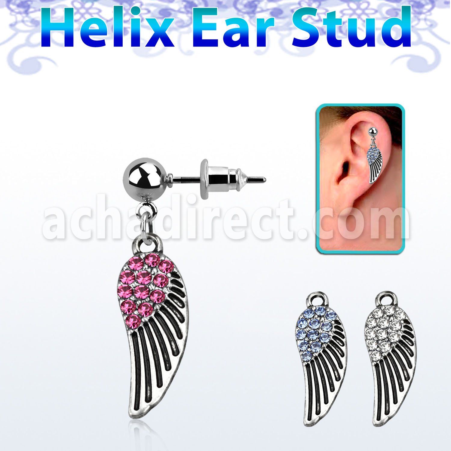 erbd607 316l steel helix ear ball stud with crystal bird wing