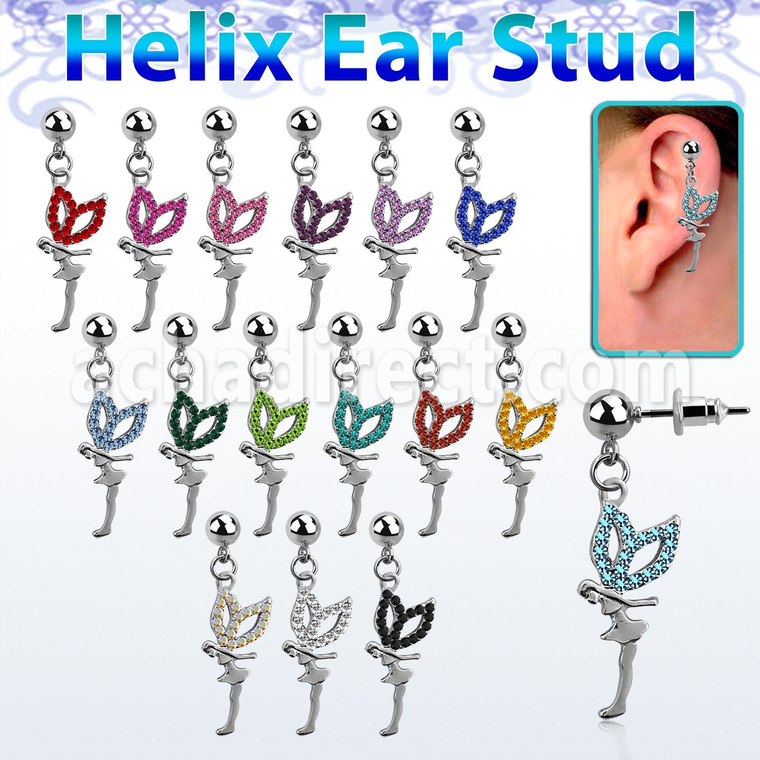 erbd7 316l steel helix ear stud ball with a crystal fairy
