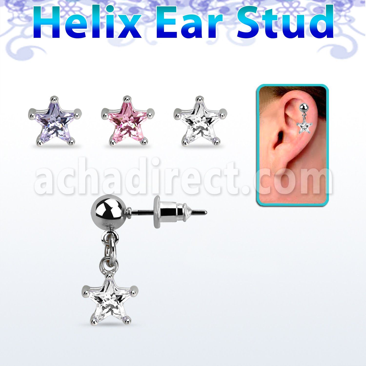 erbdzs6 ball shaped 316l steel ear stud w dangling 6mm star cz