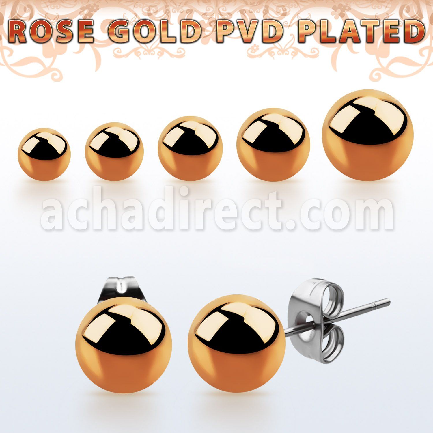erbtt pair of ball shaped rose gold 316l steel ear studs